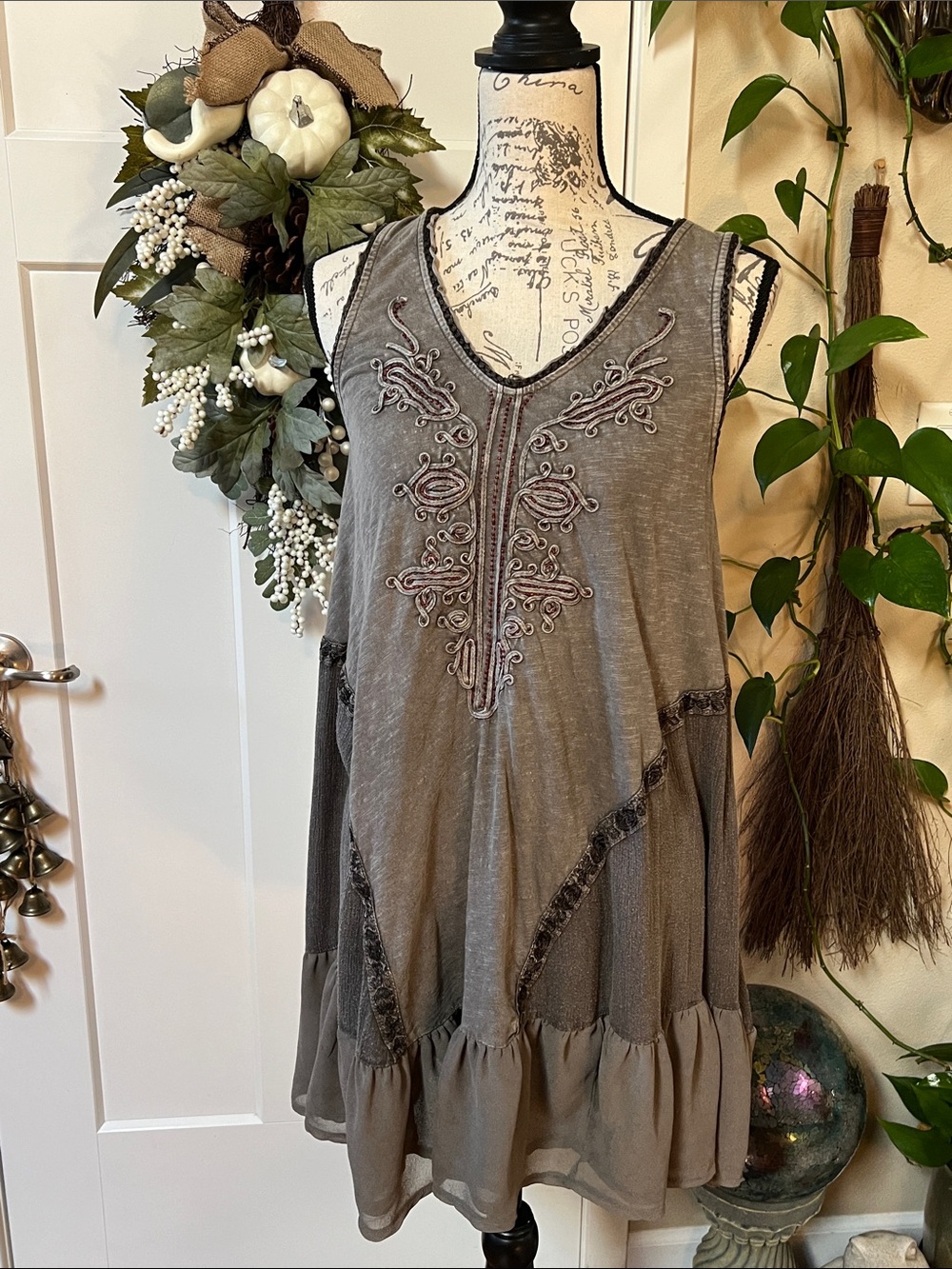Free People Gray Embroidered Boho Tunic